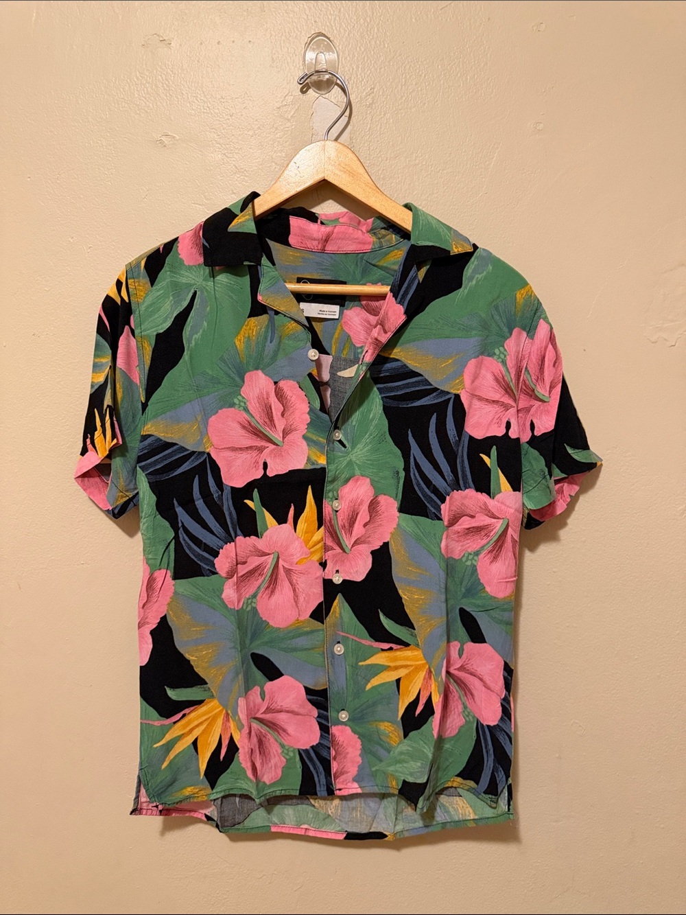 Original Use Black Tropical Floral Button-Front Shirt with Pink & Green Accents